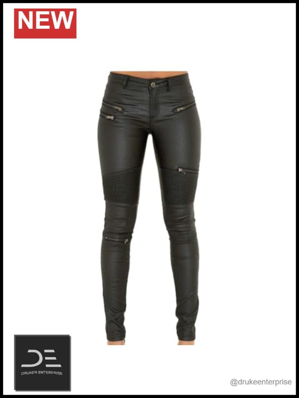 Women's PU Leather Coated Denim Leggings Skinny Stretchy Motorcycle Pants